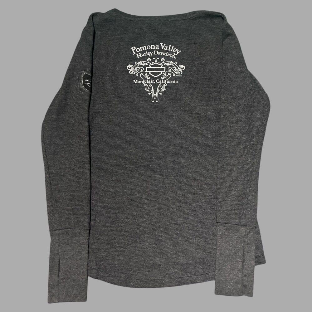 Harley Davidson Women’s Small Gray Long Sleeve Shirt RK Stratman Biker Graphic - Picture 2 of 3